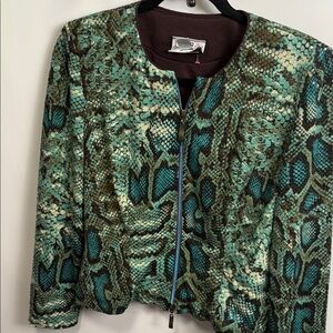 Joseph Ribkoff Green and Brown Snake Print Bomber Jacket